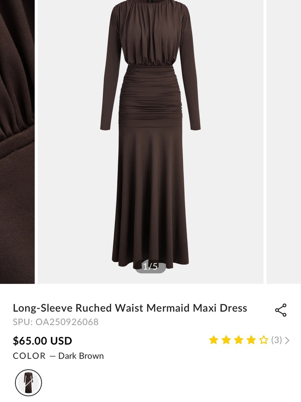 Commense Long-Sleeve Ruched Waist Mermaid Maxi Dress - Dark Brown